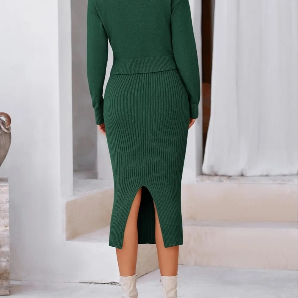 BTFBM Green Ribbed Knit Dress and Cardigan Set - Picture 3 of 8